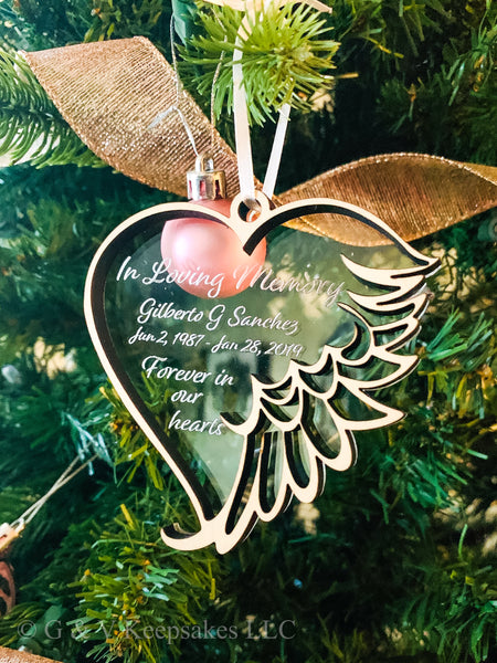 Memorial Ornament, Personalized, Heart with Angel Wings